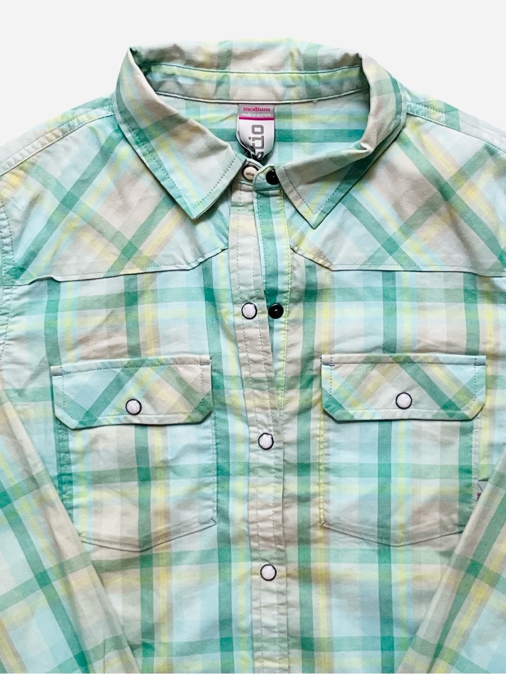 STIO Esther Shirt Women's Medium NWT Mint Plaid Pearl Snap Cotton Button Up